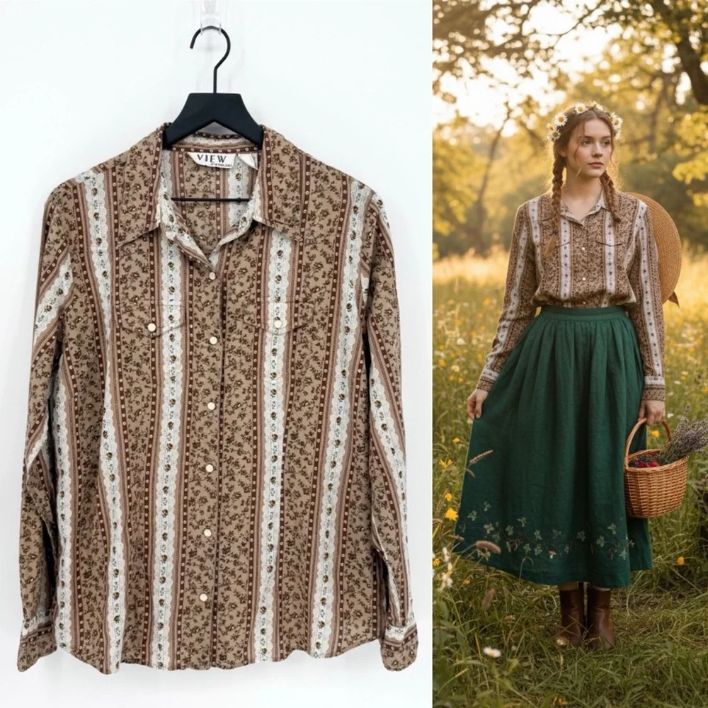 Vintage VIEW Cottagecore Floral Grannycore Snap Button Down Top Brown XL - Picture 2 of 10